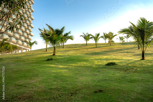 Alma 5-star resort in Cam Ranh district, Khanh Hoa province, Vietnam - March 19, 2026: Blue sky, green grass, and palm trees at Alma 5-star resort in Cam Ranh district, Khanh Hoa province, Vietnam