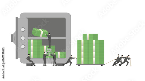 Determined Business Team Pulling Heavy Trolley of Cash Banknotes from Safe Vault for Urgent Financial Relief and Emergency Liquidity During Economic Recession and War