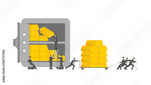 Unified Business Team Pulling Heavy Gold Bullion Bars from Secure Storage for Strategic National Asset Management and Economic Rescue During War and Financial Crisis