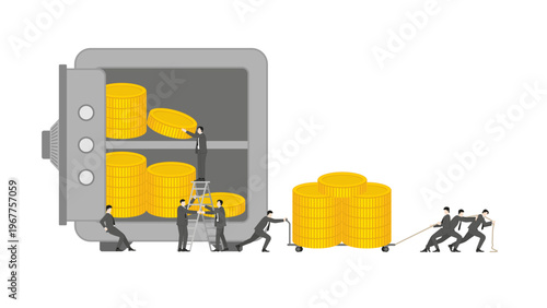 Business Professionals Working Together to Pull Huge Load of Gold Coins from Vault Storage for Financial Survival and Monetary System Protection During Global Crisis