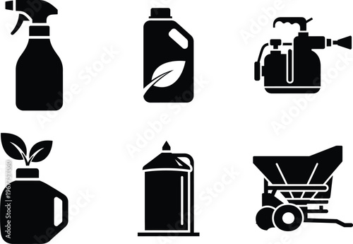 Gardening and agriculture spray and fertilizer icons with fertilizer container with agricultural equipment