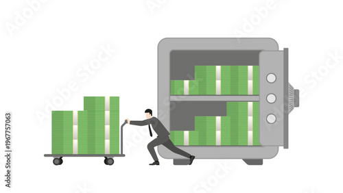 Businessman Moving Stacks of Banknotes on Trolley from Bank Vault for Emergency Fund Withdrawal and Financial Liquidity Management During Economic Downturn and War Crisis