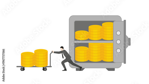 Businessman Pushing Trolley with Large Gold Coins from Secure Storage to Manage Financial Crisis and Protect Wealth Reserves During Global Economic Instability and War