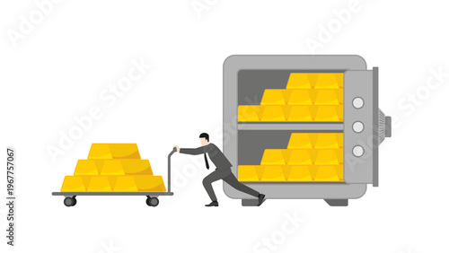 Professional Businessman Transferring Heavy Gold Bullion Bars on Trolley from Secure Vault for Financial Asset Protection and Economic Emergency Strategy During War Times