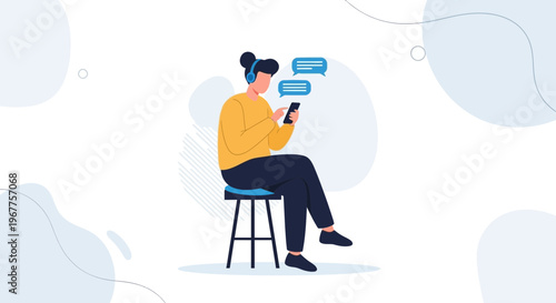 Person with headphones texting on smartphone, chat bubbles, communication concept