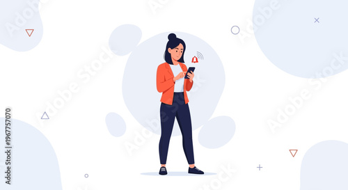 Woman looking at smartphone with notification alert, modern flat illustration