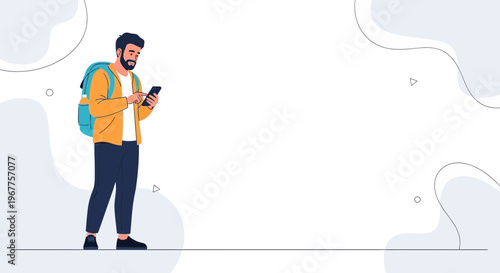 Man with backpack using smartphone, travel and technology concept