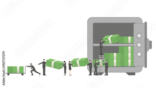 Financial Teamwork and Crisis Management Concept with Business People Moving Large Stacks of Banknotes from Safe Storage for Economic Recovery and Emergency Cash Flow During War