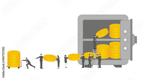 Group of Business Professionals Working Together to Move Huge Gold Coins from Vault to Address Financial Instability and Monetary Reserve Management During Global Economic Conflict