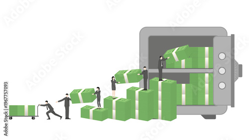 Financial Teamwork Concept with Business People Standing on Stacks of Banknotes to Transfer Money from Safe Vault for Economic Growth and Crisis Recovery Solutions