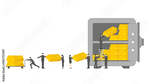 Strategic Team Cooperation Moving Heavy Gold Bullion Bars from Secure Vault for National Reserve Protection and Wealth Management During Economic Crisis or War Time Situation