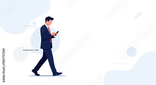 Businessman walking and using smartphone, modern business concept, minimalist background
