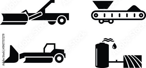 Industrial machinery, material handling, and environmental icons set, conveyor belt, agriculture machinery