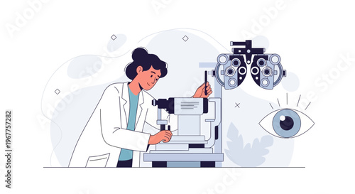 Optometrist examining patient with eye exam equipment and chart