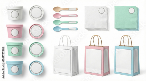 Colorful containers and bags with utensils on white background  