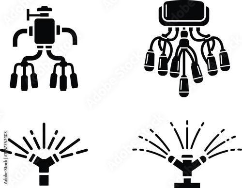 Dairy milking machine and agricultural irrigation sprinkler system vector icons with dairy equipment