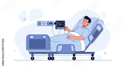 Patient in Hospital Bed Connected to Medical Monitor with Heartbeat Display