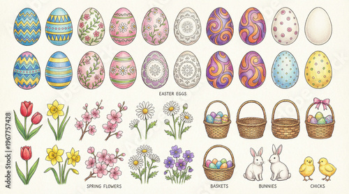 Colorful Easter eggs and spring flowers with baskets and bunnies  