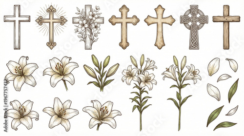 Sacred crosses and lilies illustration for Easter designs  