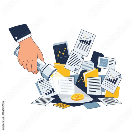 Hand with flashlight illuminating financial documents, investment data, and business reports, uncovering valuable insights and hidden opportunities for strategic analysis and growth discovery