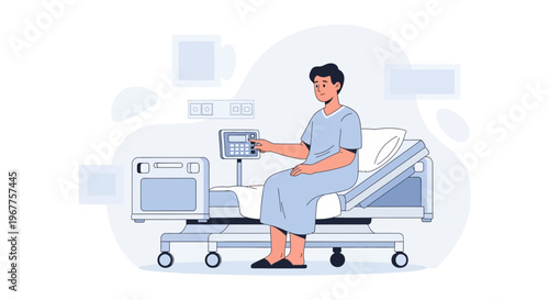 Patient in hospital bed interacting with medical equipment, modern healthcare illustration