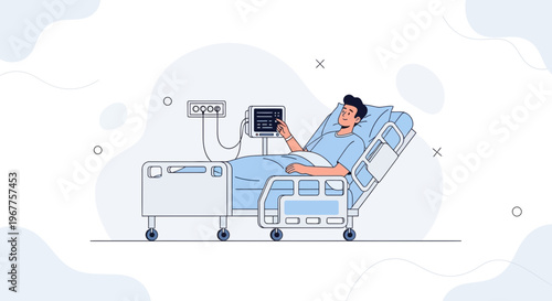 Patient in hospital bed interacting with medical monitor, healthcare concept