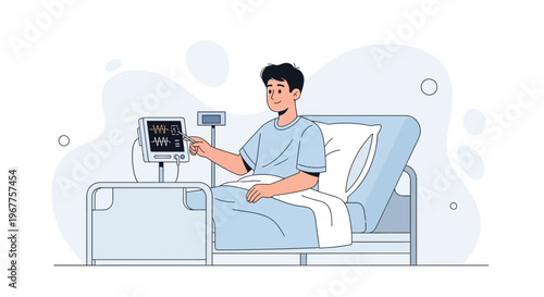 Patient in hospital bed interacting with medical monitor, healthcare concept
