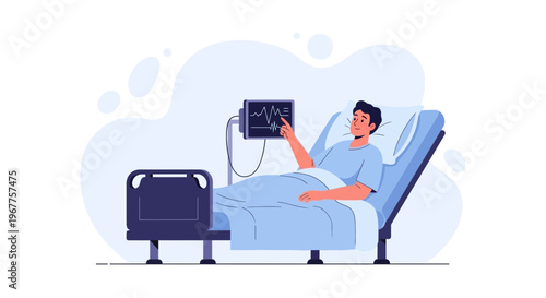 Patient in hospital bed interacting with vital signs monitor, medical illustration