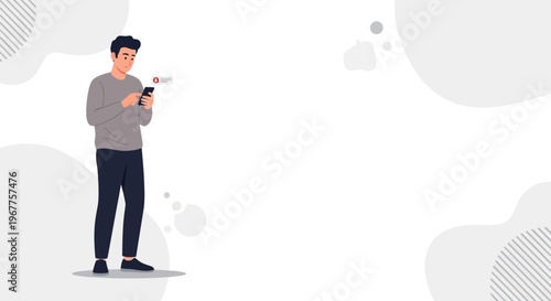 Man Using Smartphone, Receiving Notification, Modern Minimalist Design