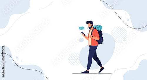 Man with Backpack Texting While Walking, Travel and Communication Concept