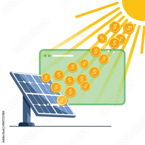 Financial benefits of investing in solar energy. This concept illustrates money generation, income, and savings from sustainable green power, leading to economic prosperity