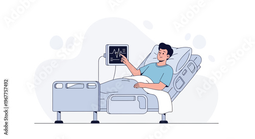 Patient in hospital bed interacts with heart monitor displaying ECG