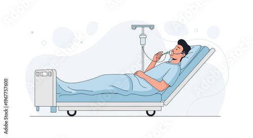 Patient in hospital bed with oxygen mask and IV drip, medical care concept