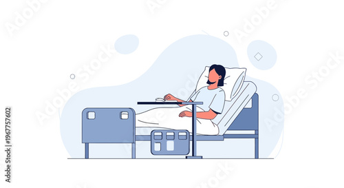 Patient in Hospital Bed with Overbed Table, Medical Care Illustration
