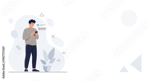 Man using smartphone, receiving notification, modern flat illustration, minimalist design