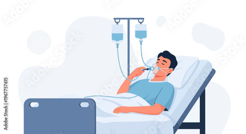 Patient in Hospital Bed with Oxygen Mask and IV Drip