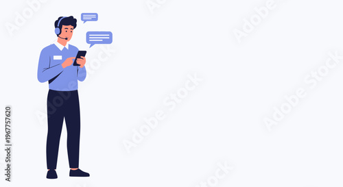Customer service agent with headset and smartphone, chat bubbles, communication concept