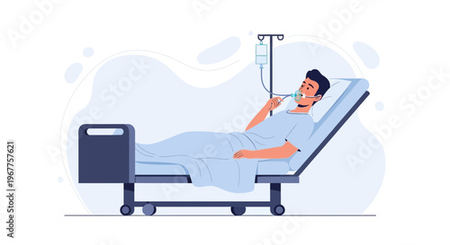 Patient in Hospital Bed with Oxygen Nasal Cannula and IV Drip
