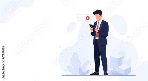 Businessman checking smartphone with notification alert, modern flat illustration