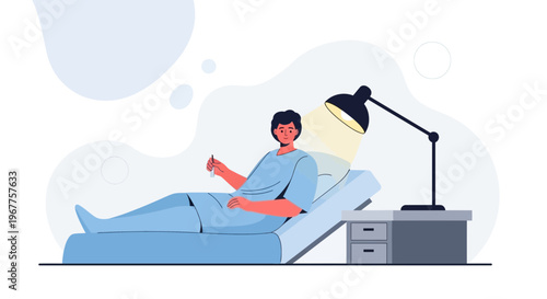 Patient in hospital bed with thermometer, under examination lamp, medical concept