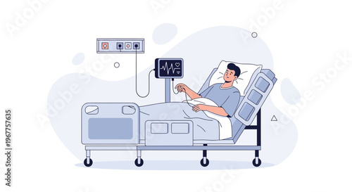 Patient in hospital bed with vital signs monitor, medical care concept