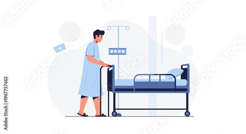 Patient in hospital gown pushing a medical bed, hospital room interior