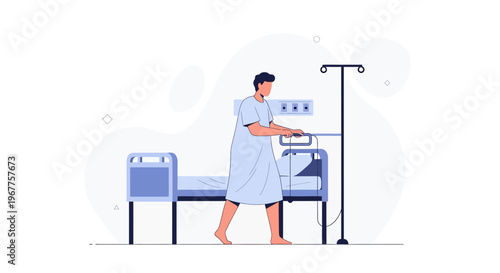 Patient in hospital gown pushing medical equipment next to hospital bed