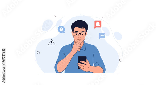 Man Thinking with Smartphone and Notifications: Digital Communication and Alerts