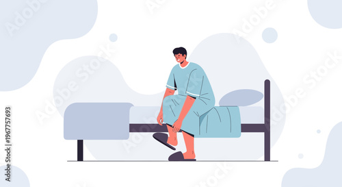 Patient in hospital gown sitting on bed, putting on slippers, recovery concept