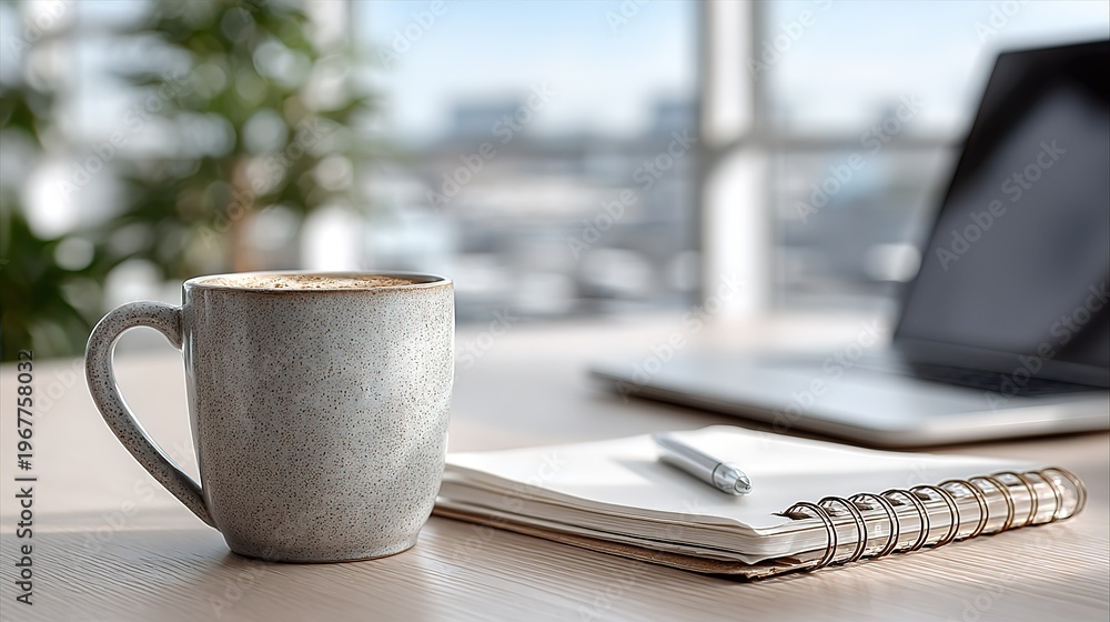 Obraz premium Cozy Modern Office Desk with Coffee Mug, Notebook and Laptop, Sunlit City View Background, Work From Home Still Life