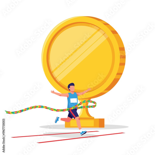 Dynamic illustration of a triumphant athlete crossing the finish line, celebrating a significant victory with a large gold medal signifying success, achievement, and first place in a competitive event