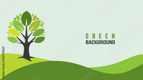 Green Nature Background with Tree and Abstract Hills Landscape