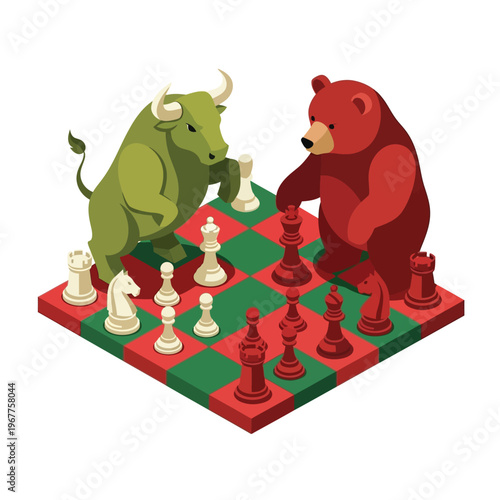 Strategic Bull and Bear Chess Match Illustrating Financial Market Dynamics and Investment Competition, Symbolizing Market Victory and Defeat