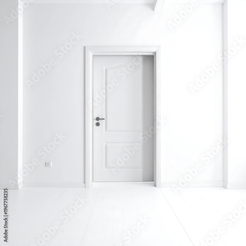 Modern, minimalist white interior featuring closed door